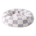 Lavender and cream checkered plush round donut pet bed shown at a 3/4 angle on a white background