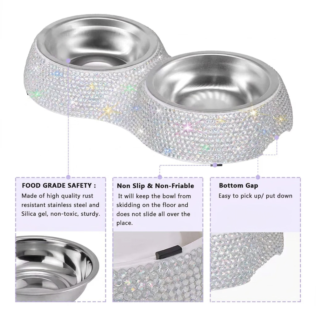 Double stainless steel pet bowl with bling on a white background