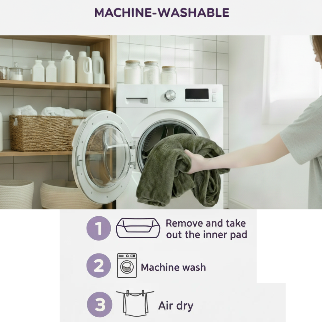 Machine washable human-sized dog bed care instructions showing 3 steps: remove inner pad, machine wash, and air dry