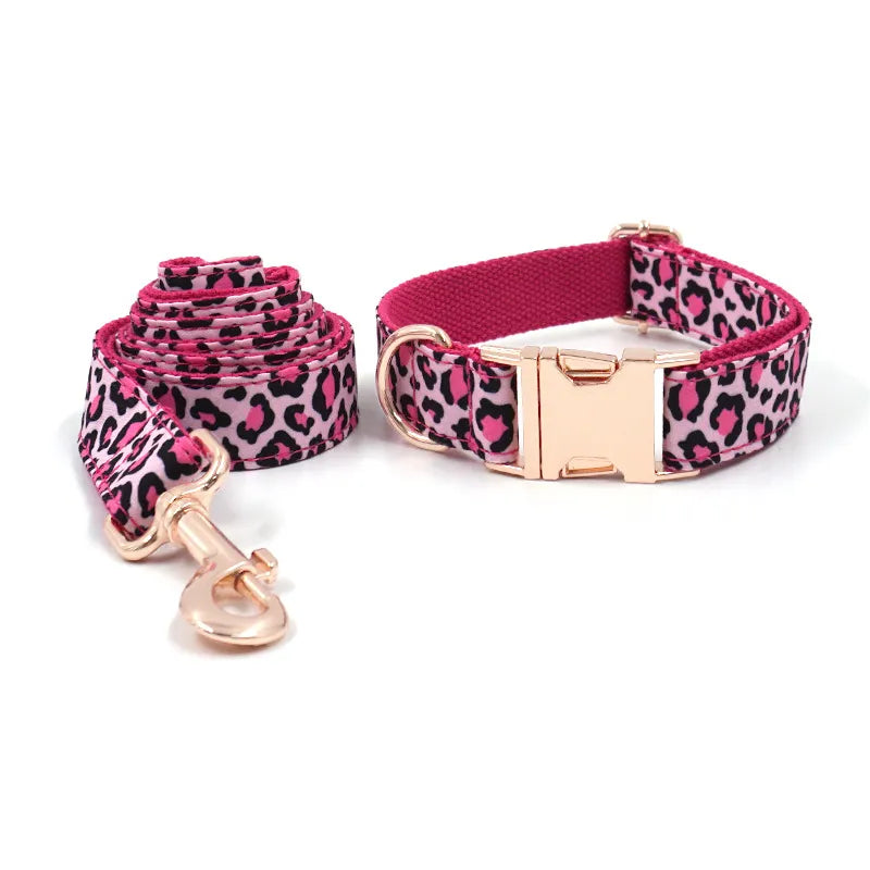 Pink Leopard Print Dog Collar, Bow Tie & Leash Set