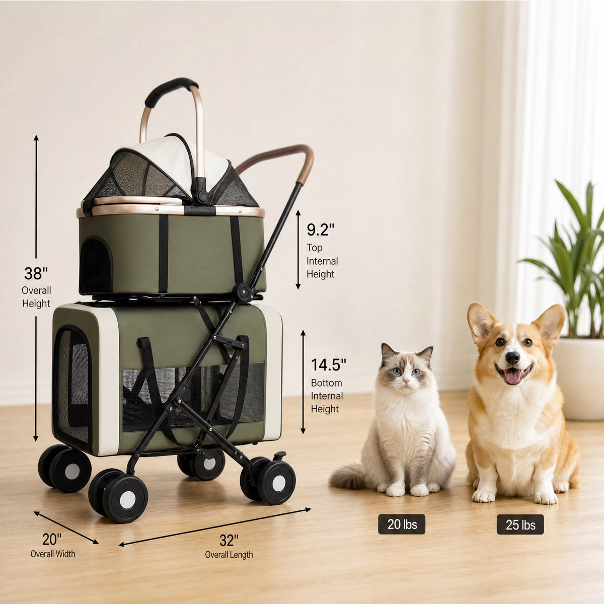 Green Double Pet Stroller with Two Detachable Carriers