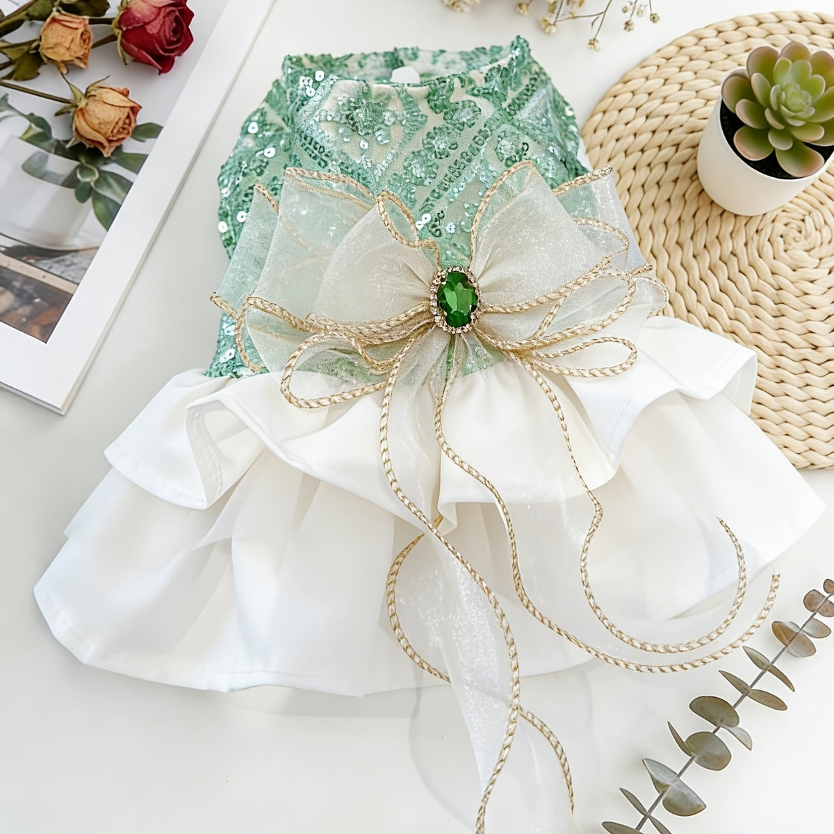 Mint green sequined dog dress with a white ruffled skirt and oversized sheer bow with gold trim and a green gemstone centerpiece