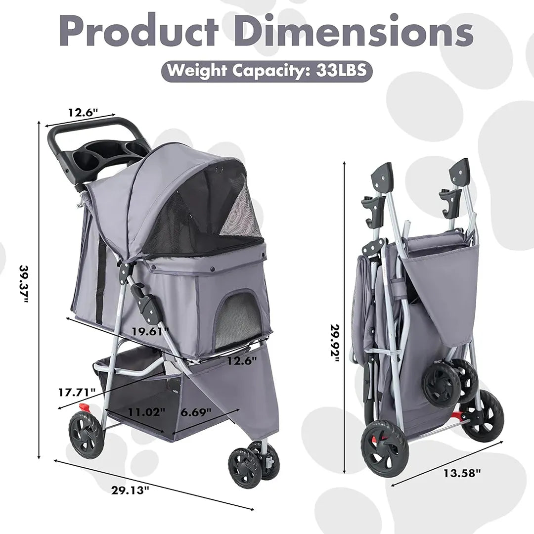 Gray Foldable Pet Stroller for Small Dogs and Cats