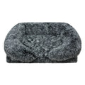 Charcoal grey long shaggy faux fur rectangular pet sofa bed with raised bolster sides and a flat cushioned center, shown at a slight angle on a white background