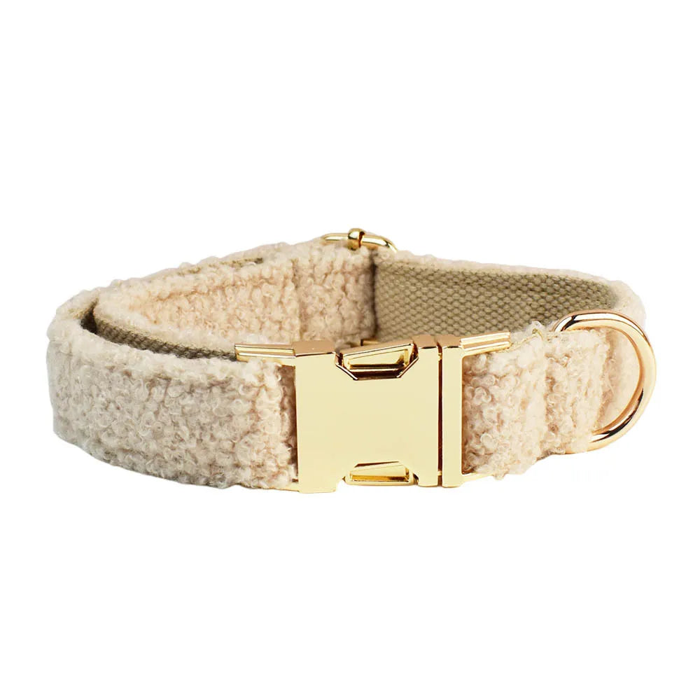 Beige Teddy Fleece Dog Collar & Leash Set