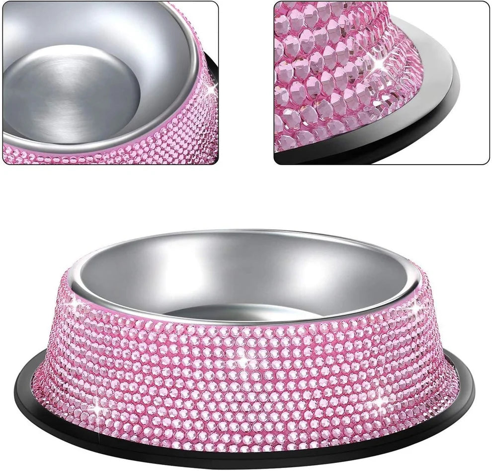Pink rhinestoned pet bowl with close-up details on a white background