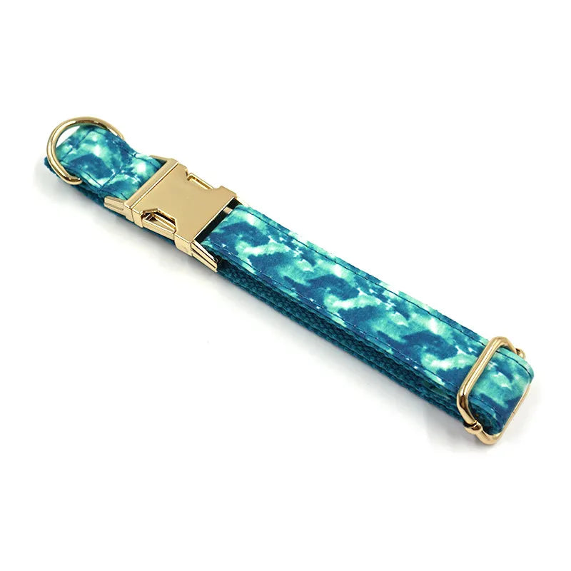 Teal & Blue Dog Collar and Leash Set with Gold Hardware