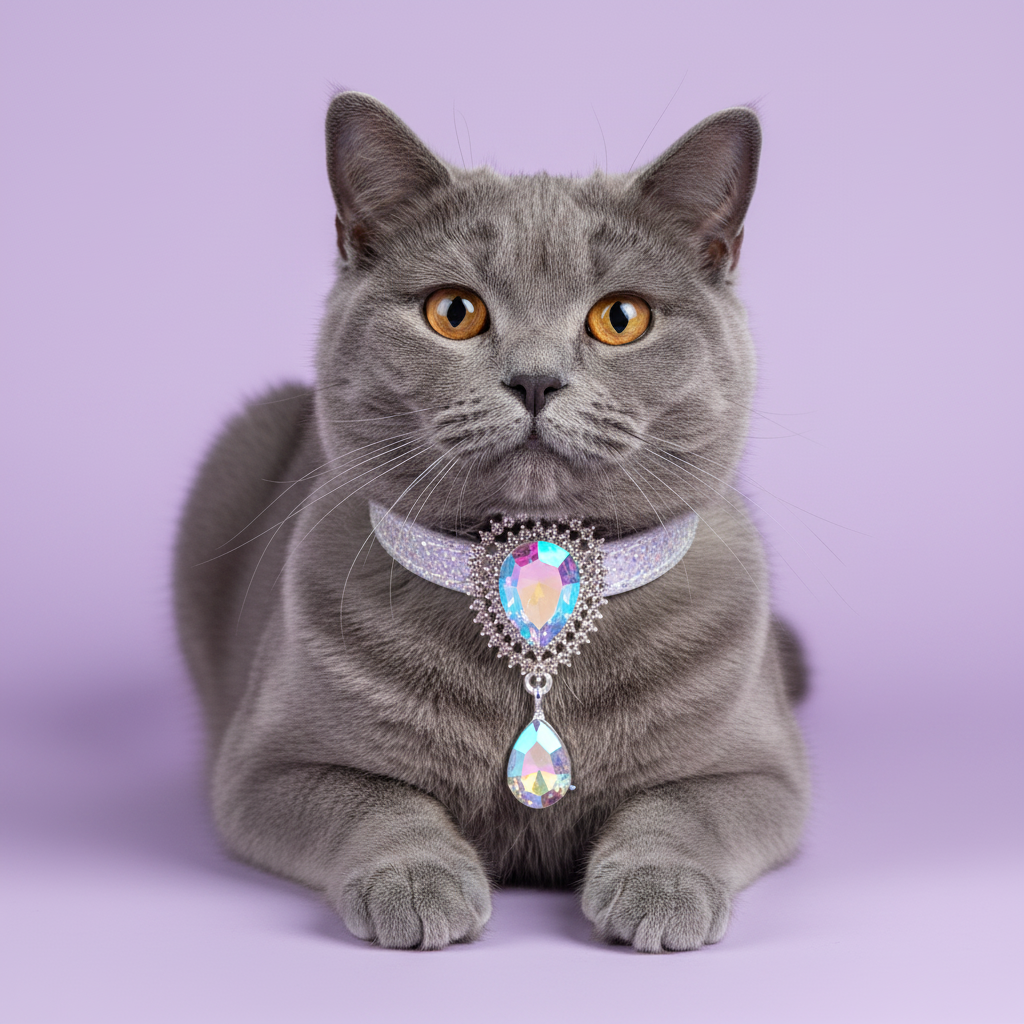 Grey British Shorthair with amber eyes lounging in a loaf position and facing the camera wearing a clear AB rhinestone breakaway cat collar with an AB crystal teardrop centerpiece surrounded by a double sunburst rhinestone halo and a dangling AB teardrop pendant set in silver