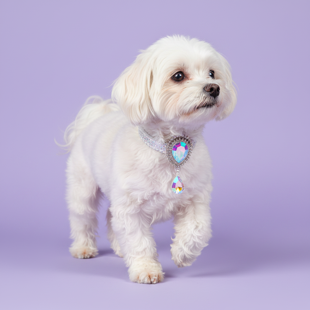 White Maltese mid-prance with one paw raised and gazing to the side wearing a clear AB rhinestone dog collar with an AB crystal teardrop centerpiece surrounded by a double sunburst rhinestone halo and a dangling AB teardrop pendant set in silver