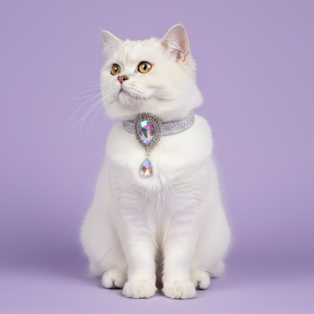 White Persian cat with golden eyes sitting upright and gazing upward wearing a clear AB rhinestone breakaway cat collar with an AB crystal teardrop centerpiece surrounded by a double sunburst rhinestone halo and a dangling AB teardrop pendant set in silver