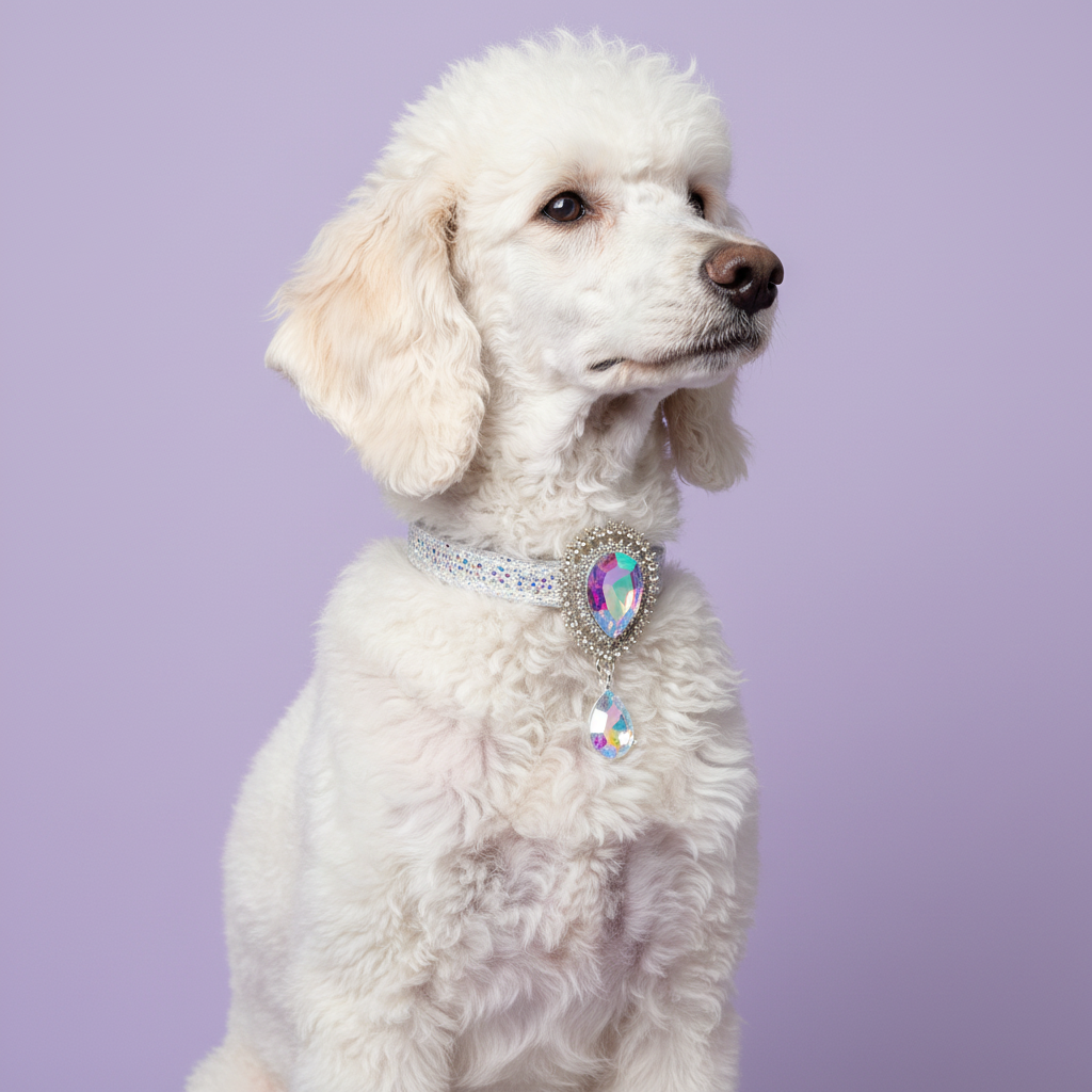 White Standard Poodle sitting upright in a three-quarter pose gazing to the side wearing a clear AB rhinestone dog collar with an AB crystal teardrop centerpiece surrounded by a double sunburst rhinestone halo and a dangling AB teardrop pendant set in silver