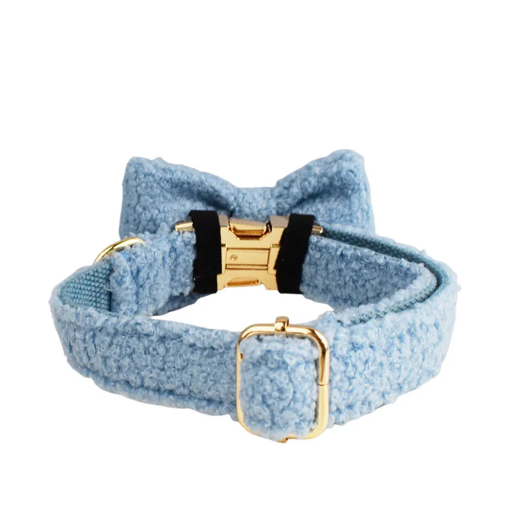 Light Blue Teddy Fleece Dog Collar, Bow Tie & Leash Set