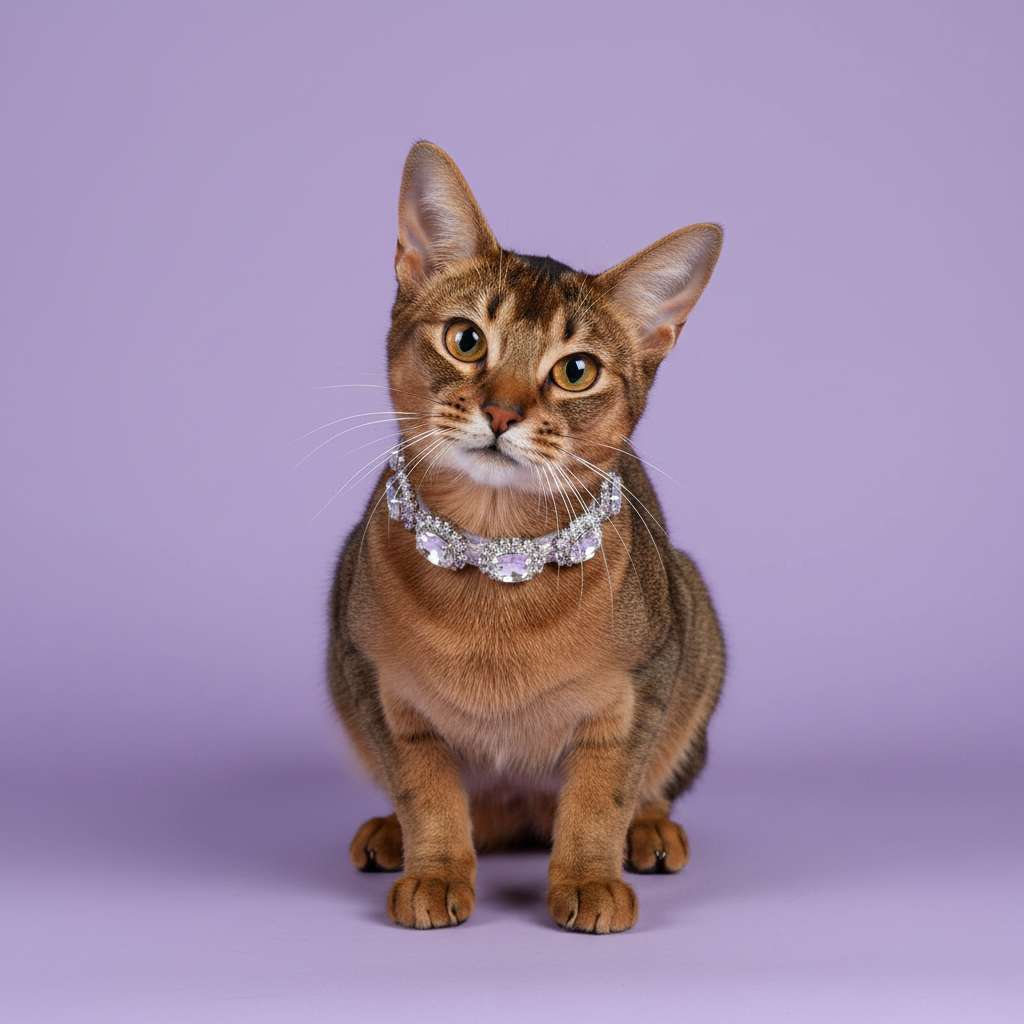 Amber-eyed ruddy Abyssinian cat sitting in a slight forward crouch and facing camera wearing a silver multi-oval crystal rhinestone statement collar, luxury diamond cat collar for short-haired cats on lavender background