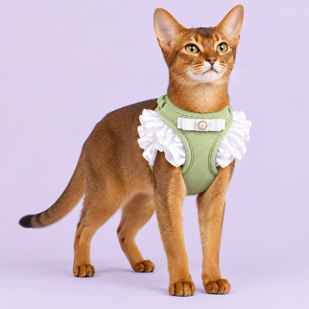 Abyssinian in pale-green ruffled harness
