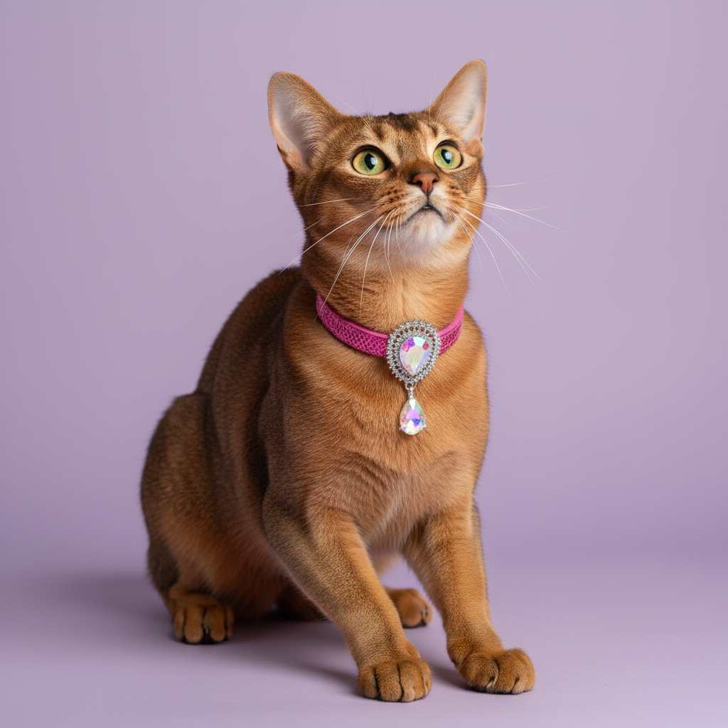 Abyssinian cat sitting and gazing upward wearing a hot pink slim breakaway cat collar with a silver rhinestone and aurora borealis crystal teardrop pendant