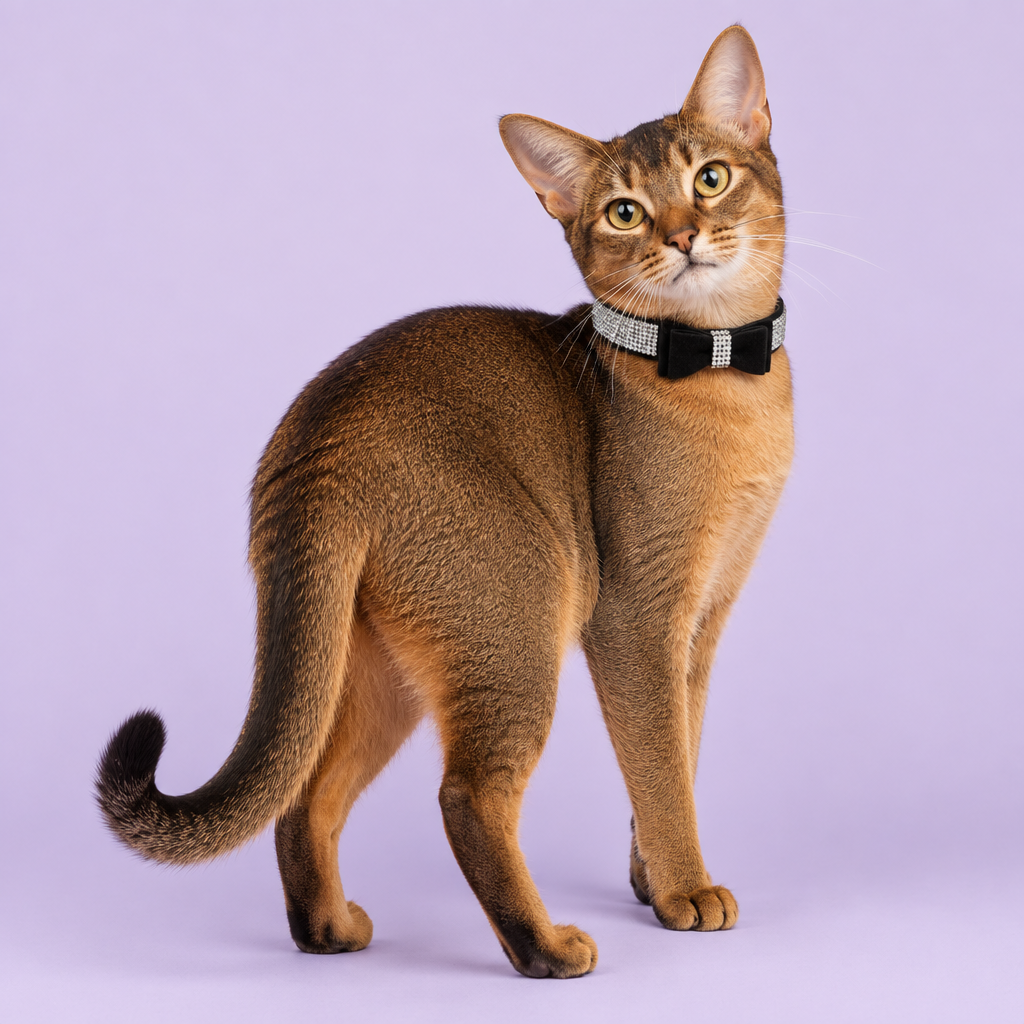 Abyssinian wearing the black crystal bow collar
