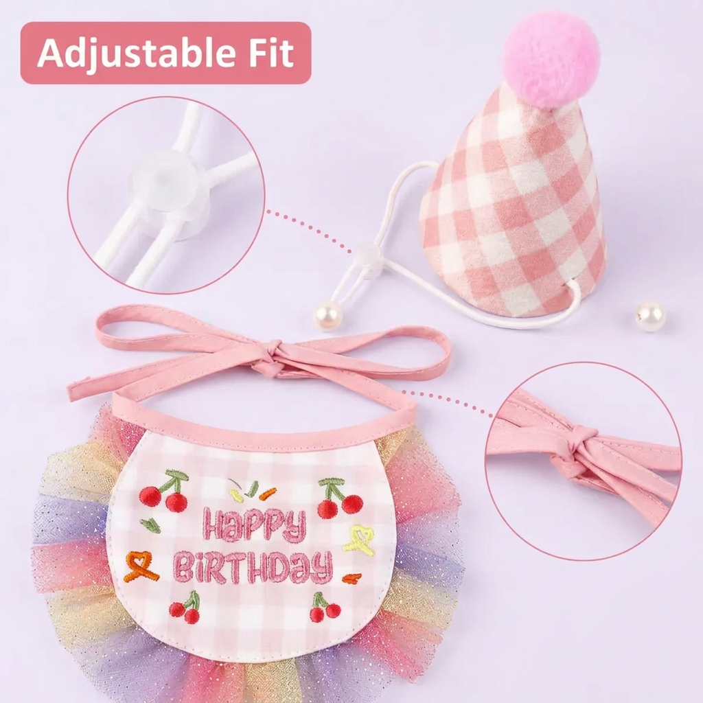 Adjustable-fit birthday accessories on a very light lavender background