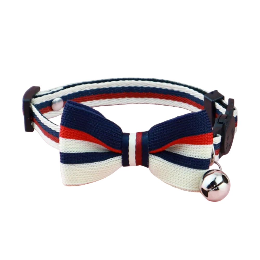 Red, White & Blue Striped Bow Tie Collar with Bell – Adjustable for Cats & Small Dogs