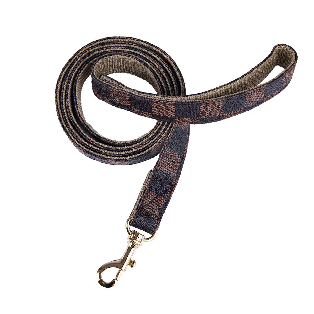 Brown Checkered Dog Collar & Matching Leash Set