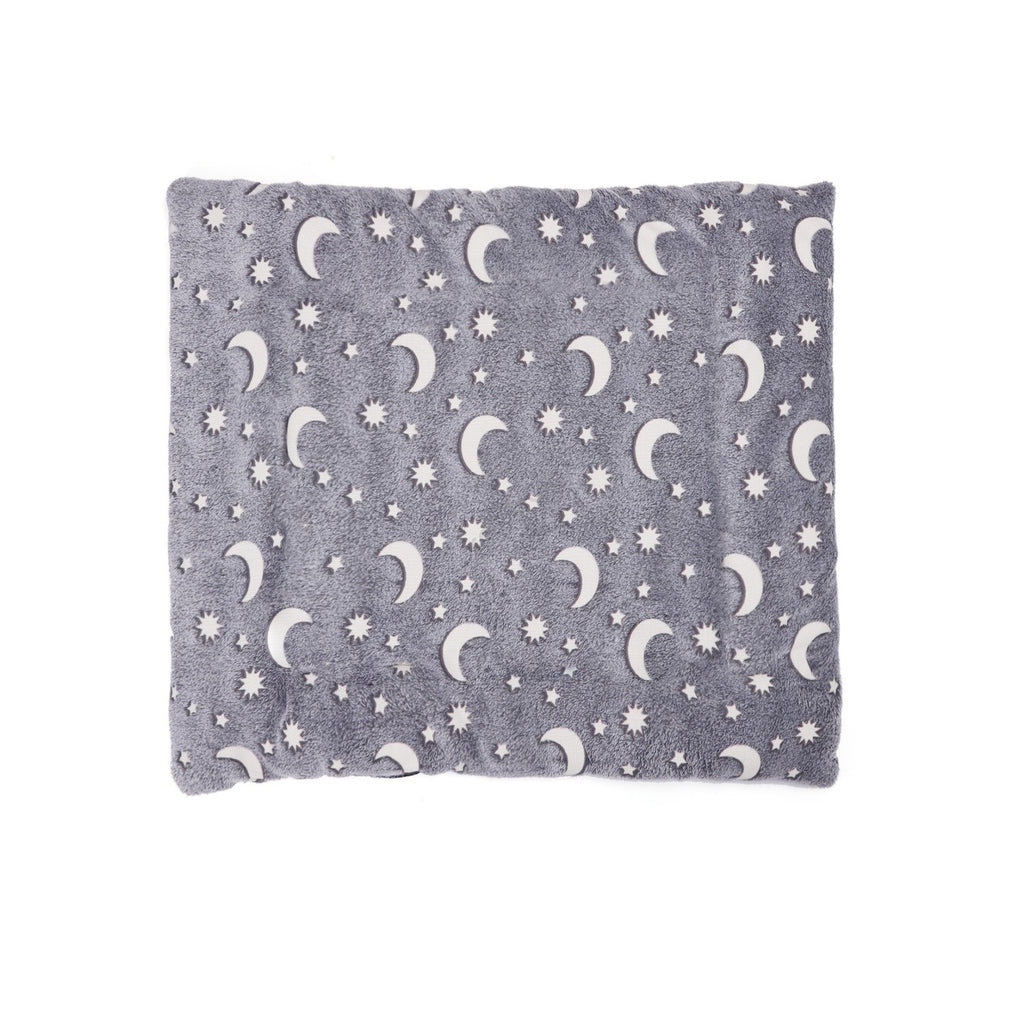 A square gray plush blanket featuring a repeating pattern of white embroidered crescent moons and stars, shown flat against a solid white background.