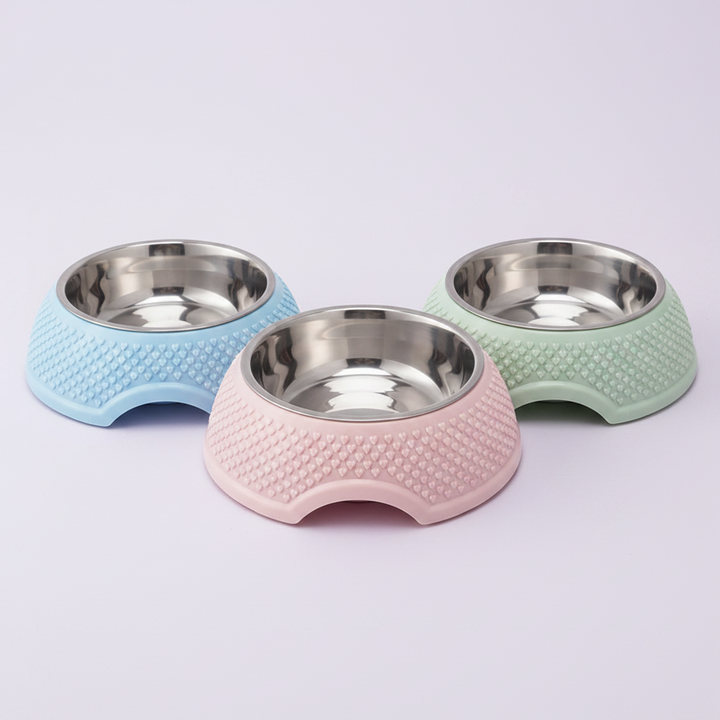 Heart embossed single pet bowl set in powder blue, blush pink, and mint green with removable stainless steel inserts for cats and dogs