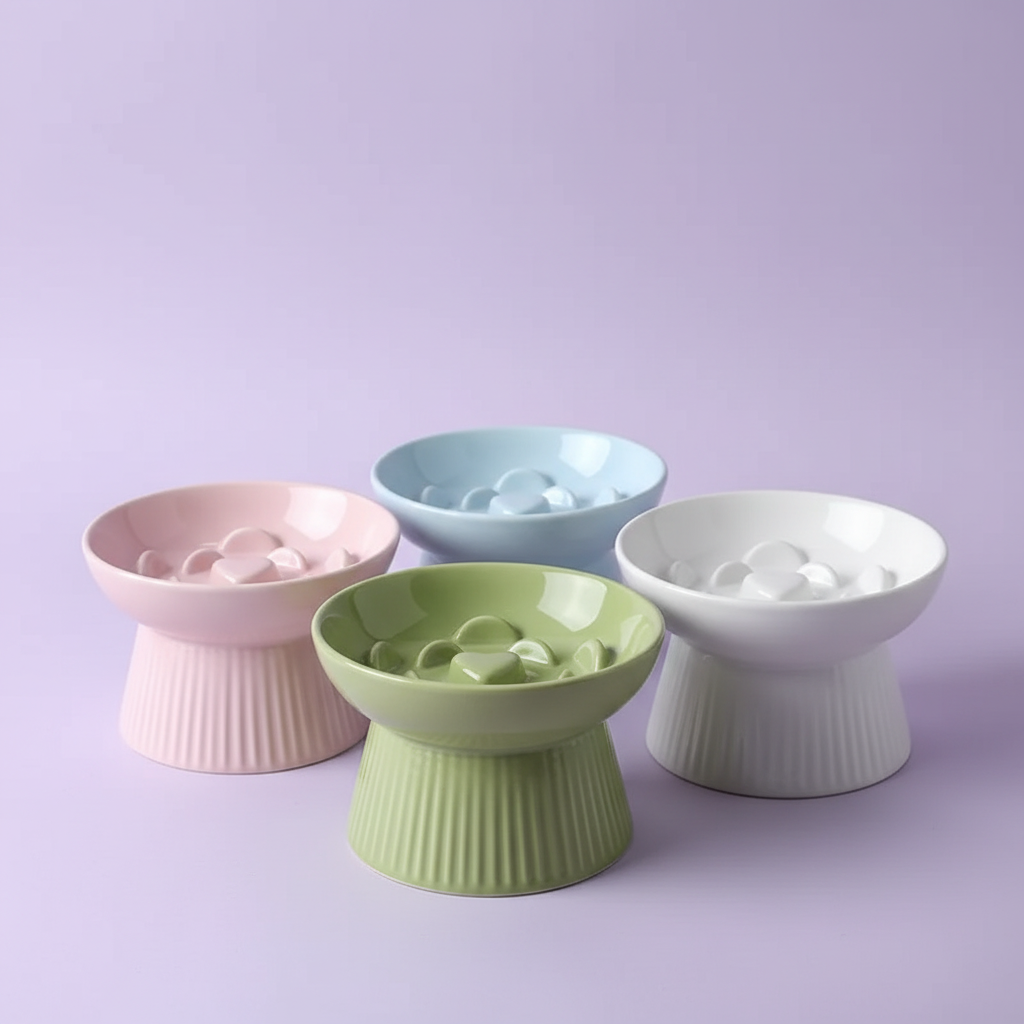 Four ceramic raised slow feeder cat bowls in blush pink, mint blue, sage green, and white with ribbed pedestal bases on a soft lavender background
