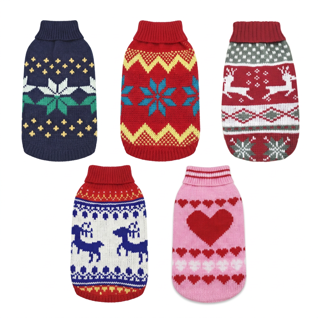 All five knitted dog sweaters together in a clean square product display