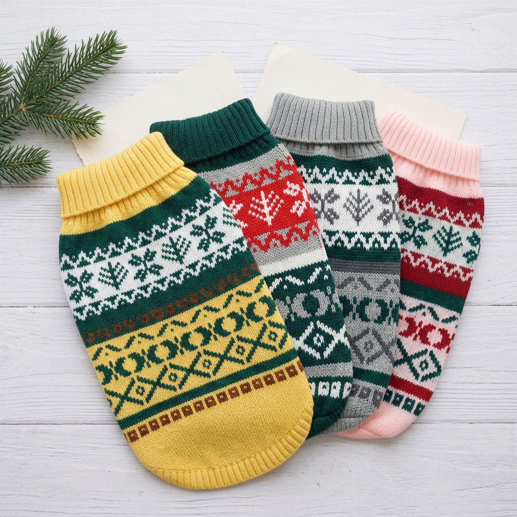 All four Fair Isle sweaters in an overlapping flat-lay display on whitewashed wood with an evergreen accent
