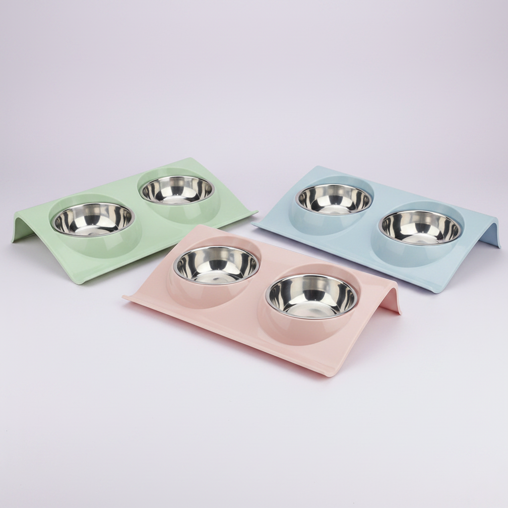 Double pet bowl feeder set in mint green, blush pink, and powder blue with stainless steel bowls on elevated spill-proof tray for cats and dogs