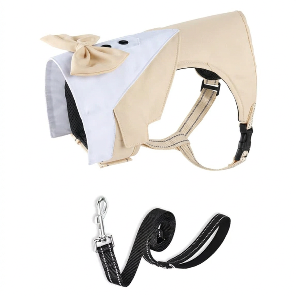 Angled beige harness with black leash