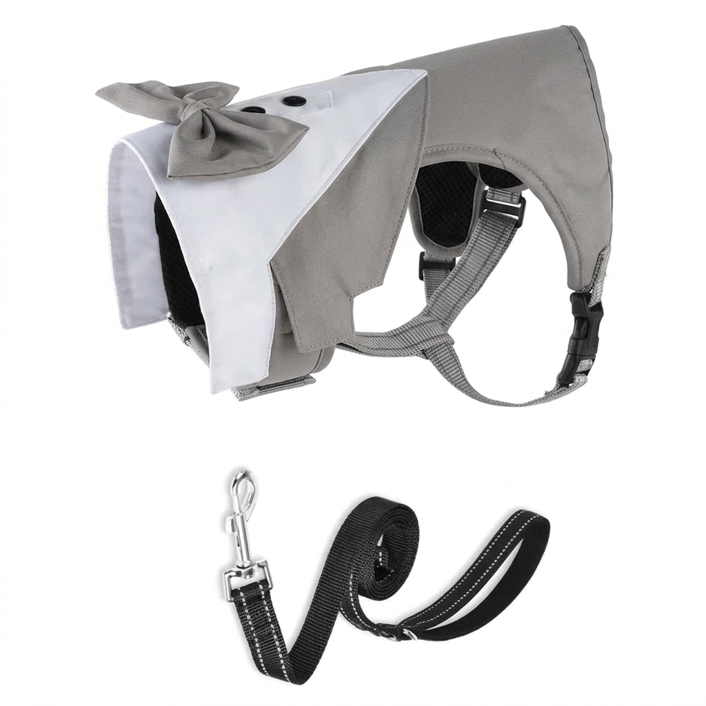 Angled gray tuxedo harness with black leash