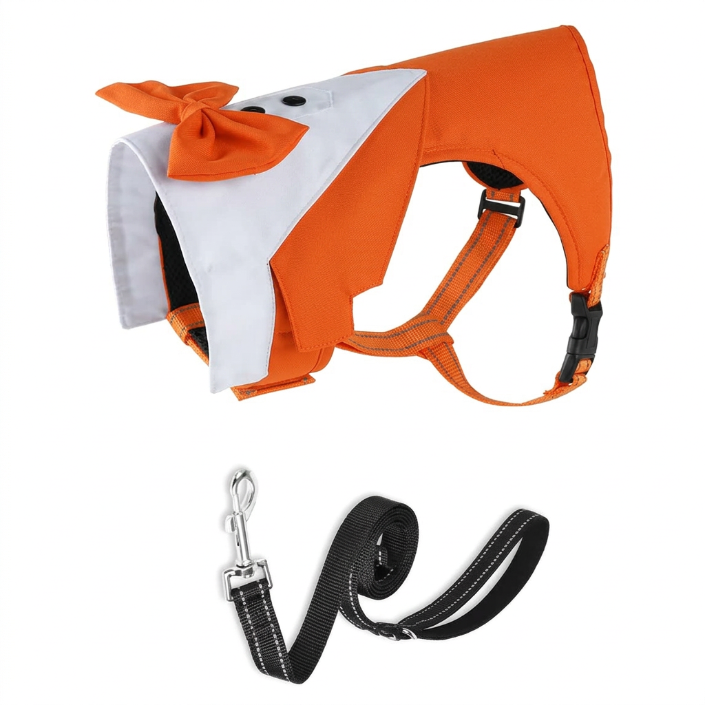 Angled orange harness with black leash