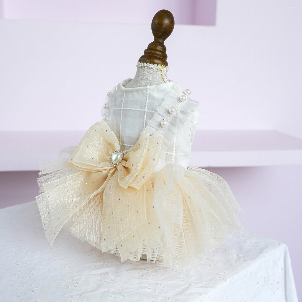 Angled view of ivory dress in a pale lavender room with the yellow book removed