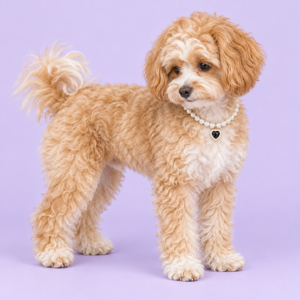 Apricot-and-white Maltipoo standing