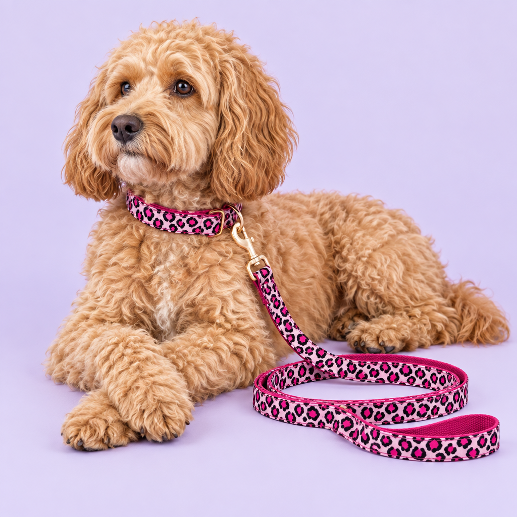 Apricot Cockapoo lounging with pink leopard collar and leash