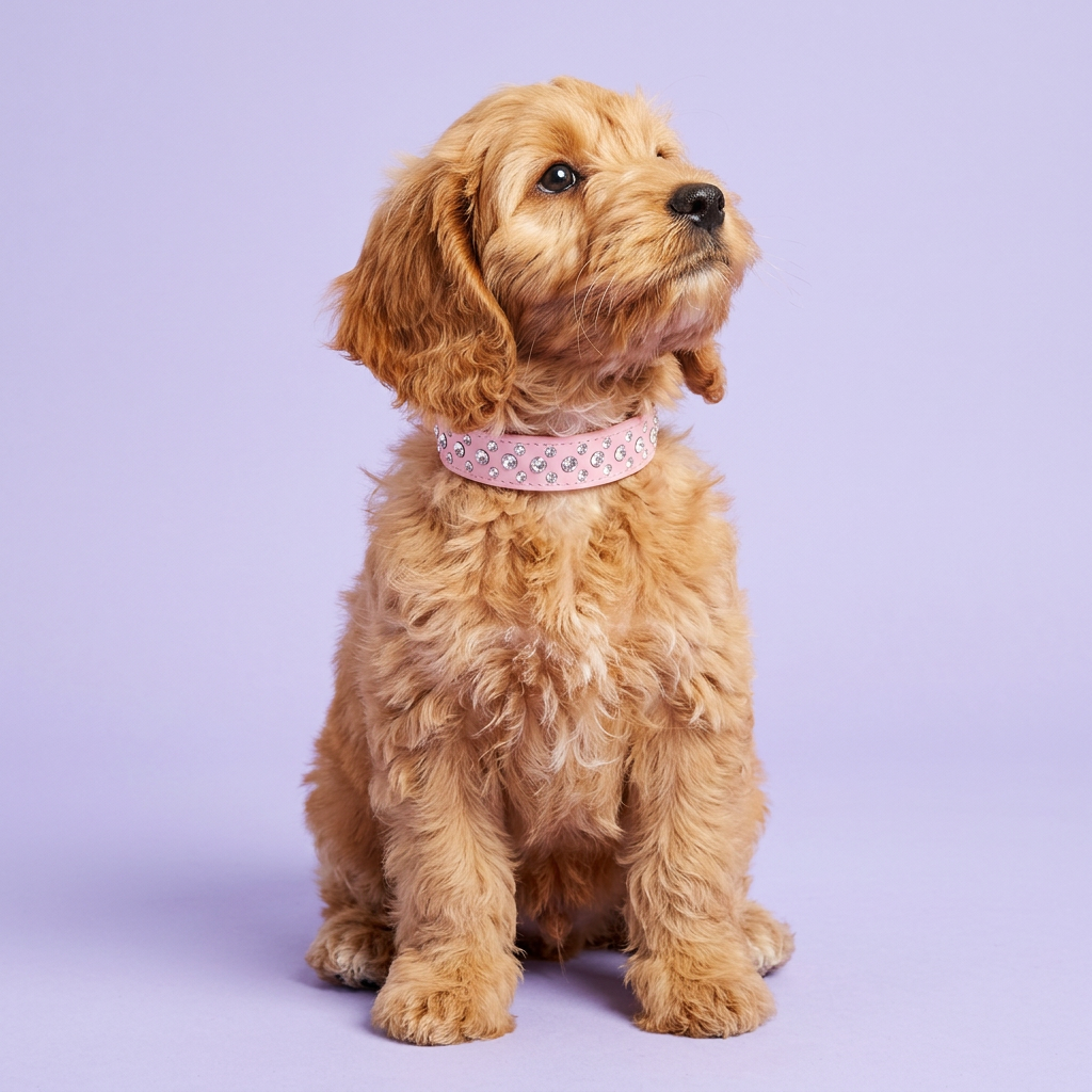 Apricot Cockapoo puppy sitting and gazing up aside, wearing the pink rhinestone leather collar