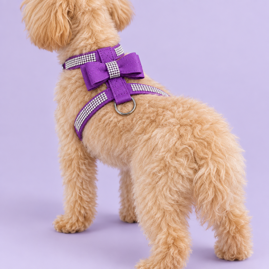 Apricot dog in refined purple harness