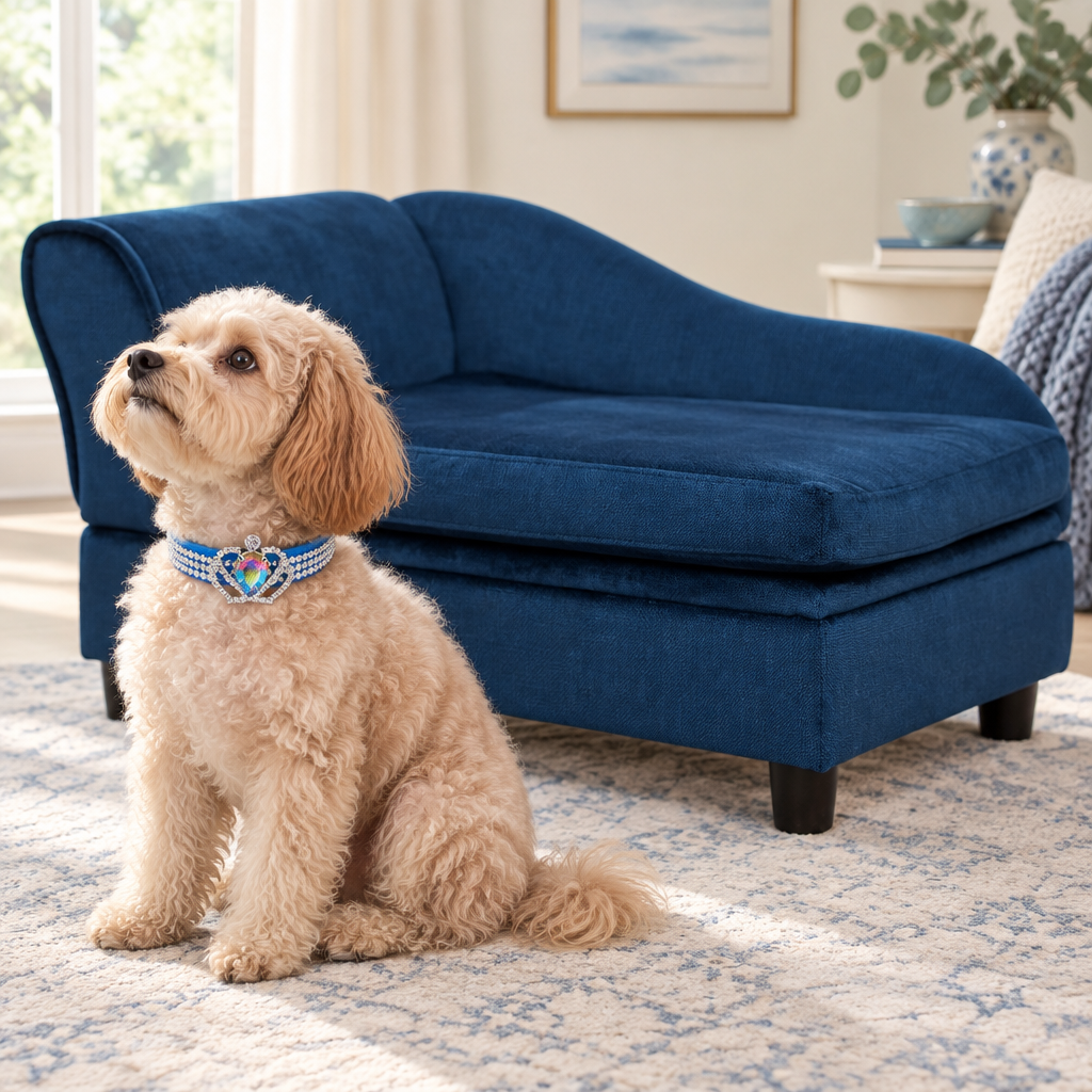 Apricot Maltipoo on the blue couch