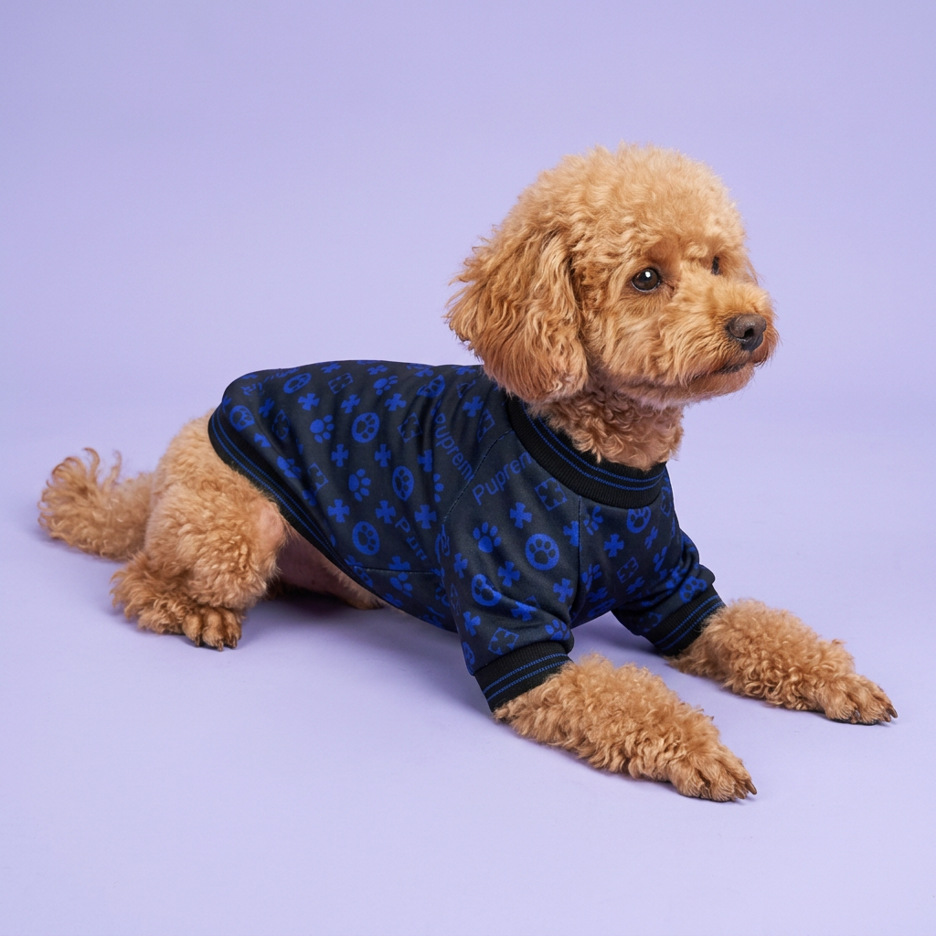 Apricot miniature poodle lounging in the navy top