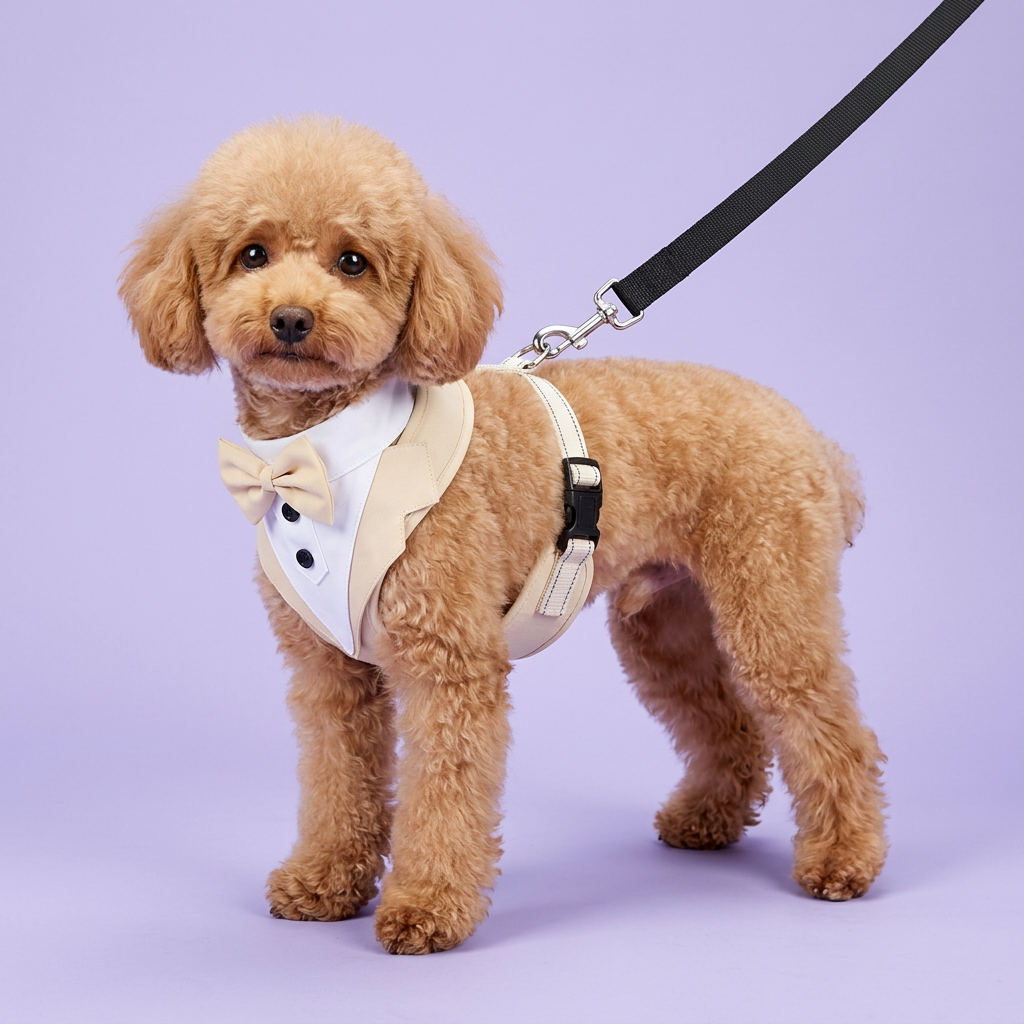 Apricot poodle in the cream harness with a black leash