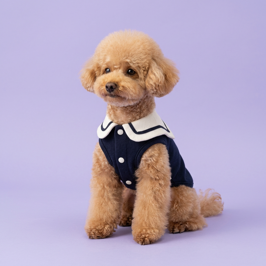 Apricot poodle seated in the navy sailor shirt