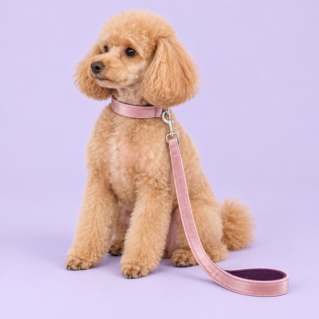 Apricot poodle wearing blush pink velvet collar and leash