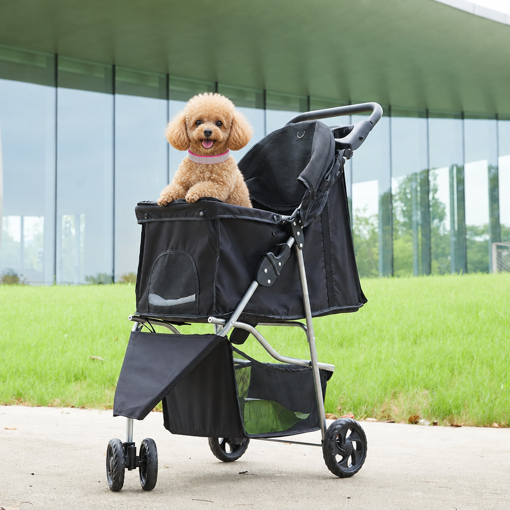 Apricot poodle wearing fuchsia rhinestone collar in pet stroller