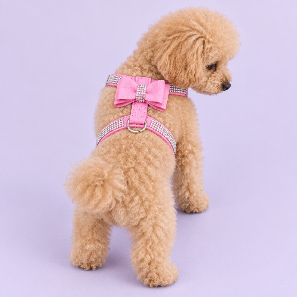 Apricot poodle wearing pink harness