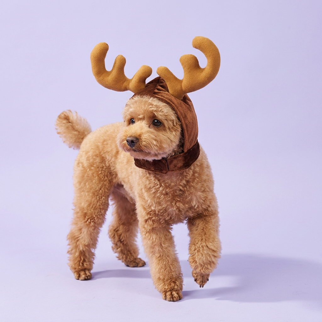 Apricot poodle wearing the antler hood