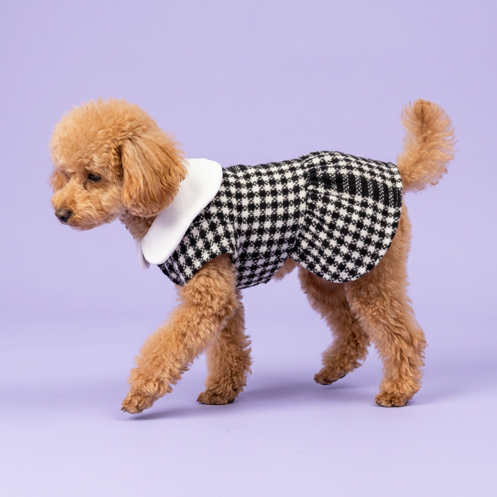 Apricot poodle wearing the black-and-white houndstooth dress