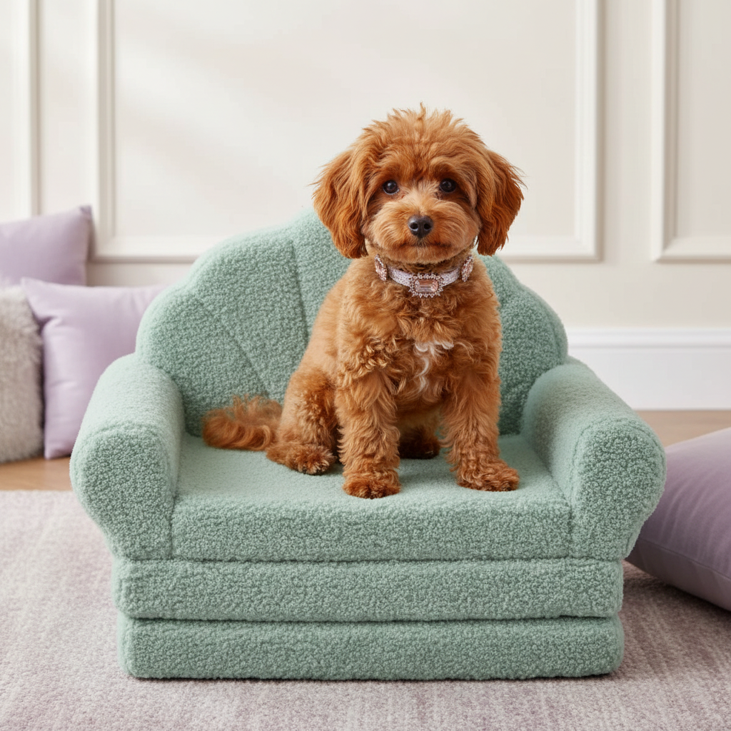 Apricot poodle wearing the blush crystal collar on the larger pet chair