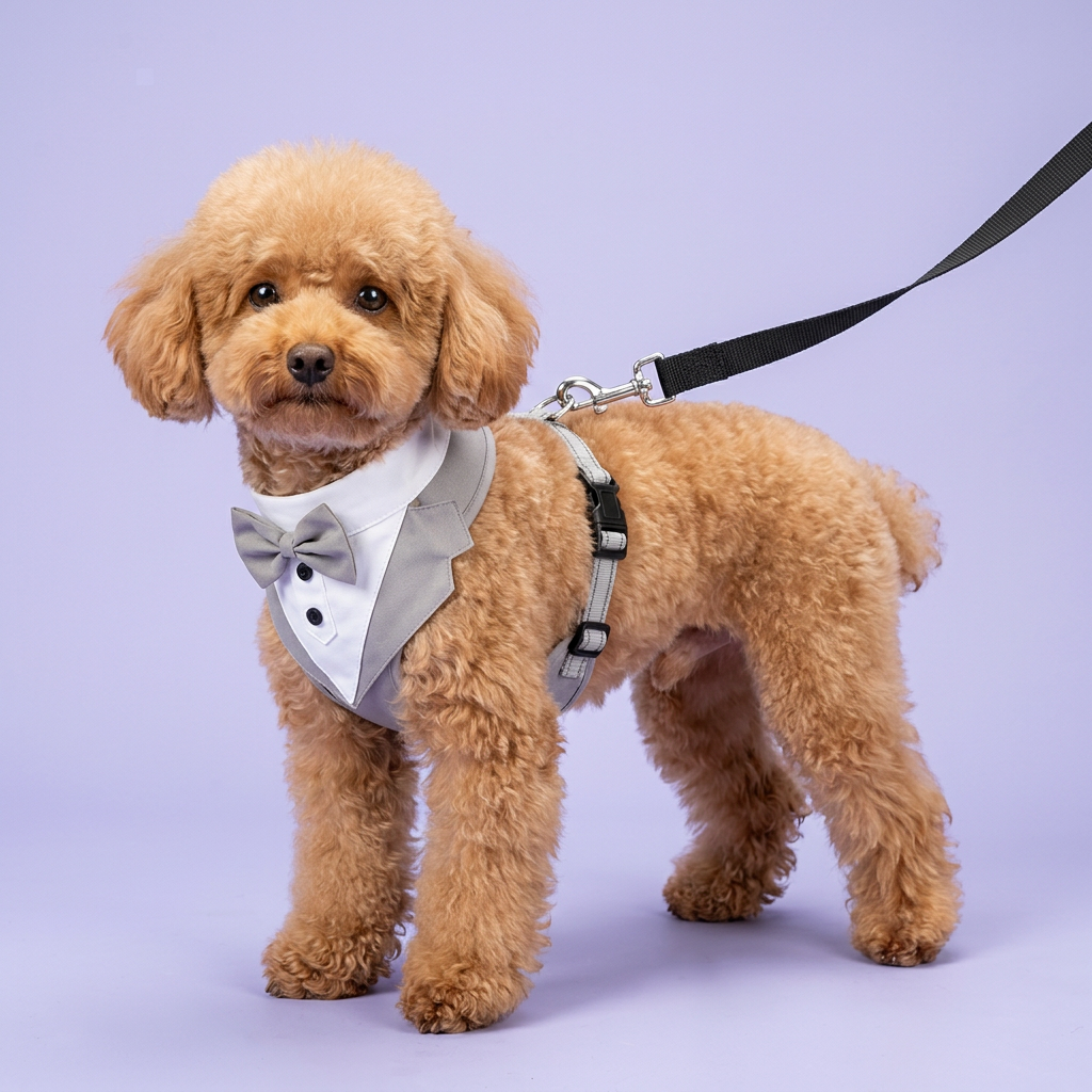Apricot poodle wearing the grey tuxedo harness