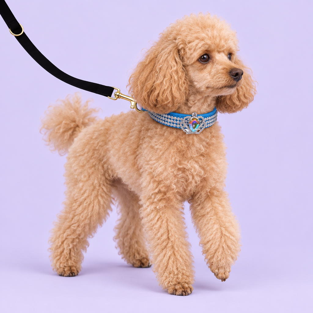 Apricot poodle with blue crown collar and black leash