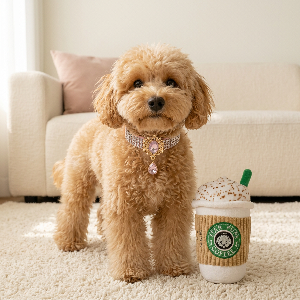 Apricot pup wearing pink jeweled collar beside coffee plush in a simple cream living room